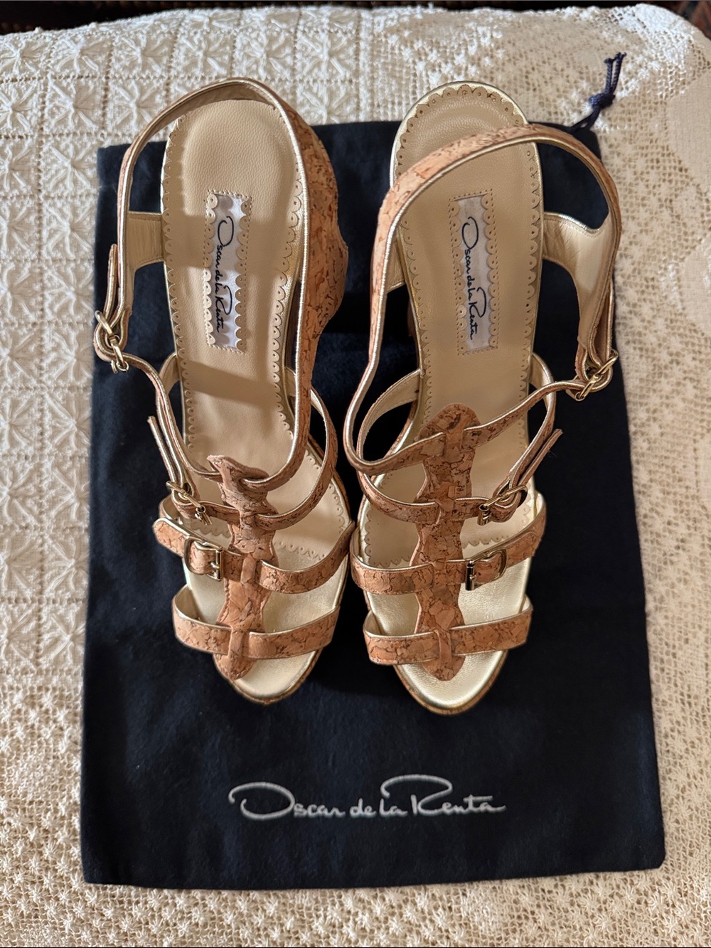 Oscar de la Renta Cork and Gold Accented Wedge Sandals new in box